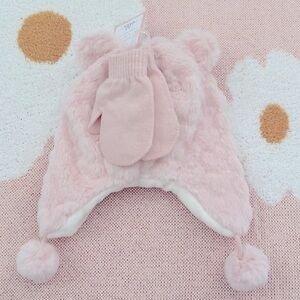 Baby pink fuzzy winter hat & gloves